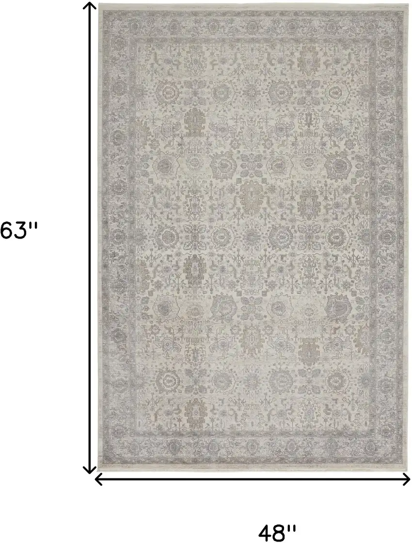 Gray and Ivory Oriental Power Loom Worn Faded Area Rug With Fringe Photo 3