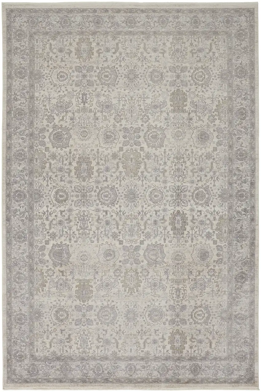 Gray and Ivory Oriental Power Loom Worn Faded Area Rug With Fringe Photo 4
