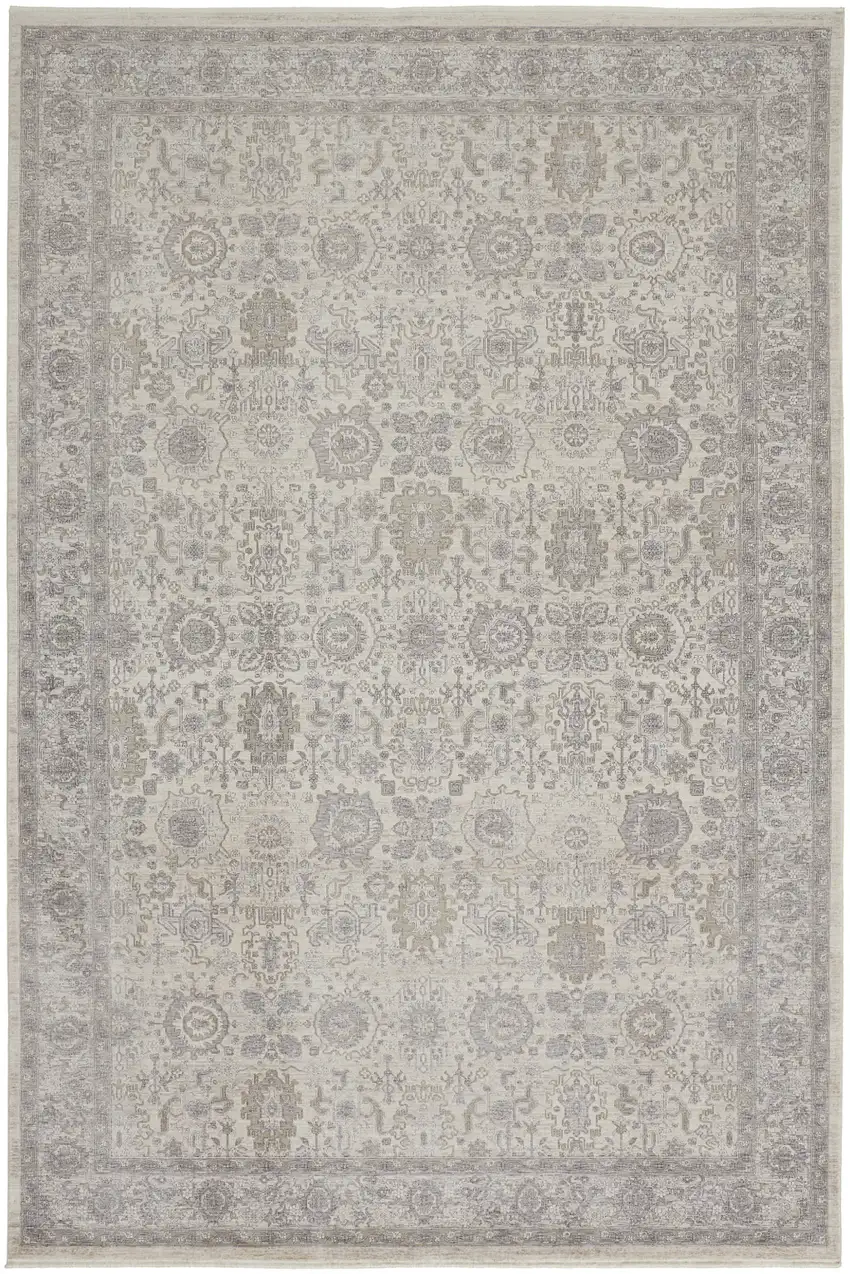 Gray and Ivory Oriental Power Loom Worn Faded Area Rug With Fringe Photo 2