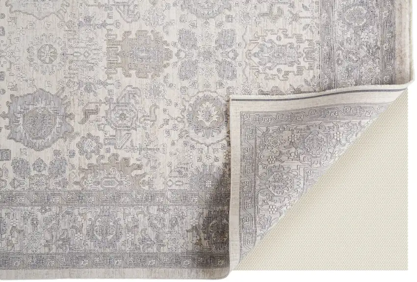 Gray and Ivory Oriental Power Loom Worn Faded Area Rug With Fringe Photo 9