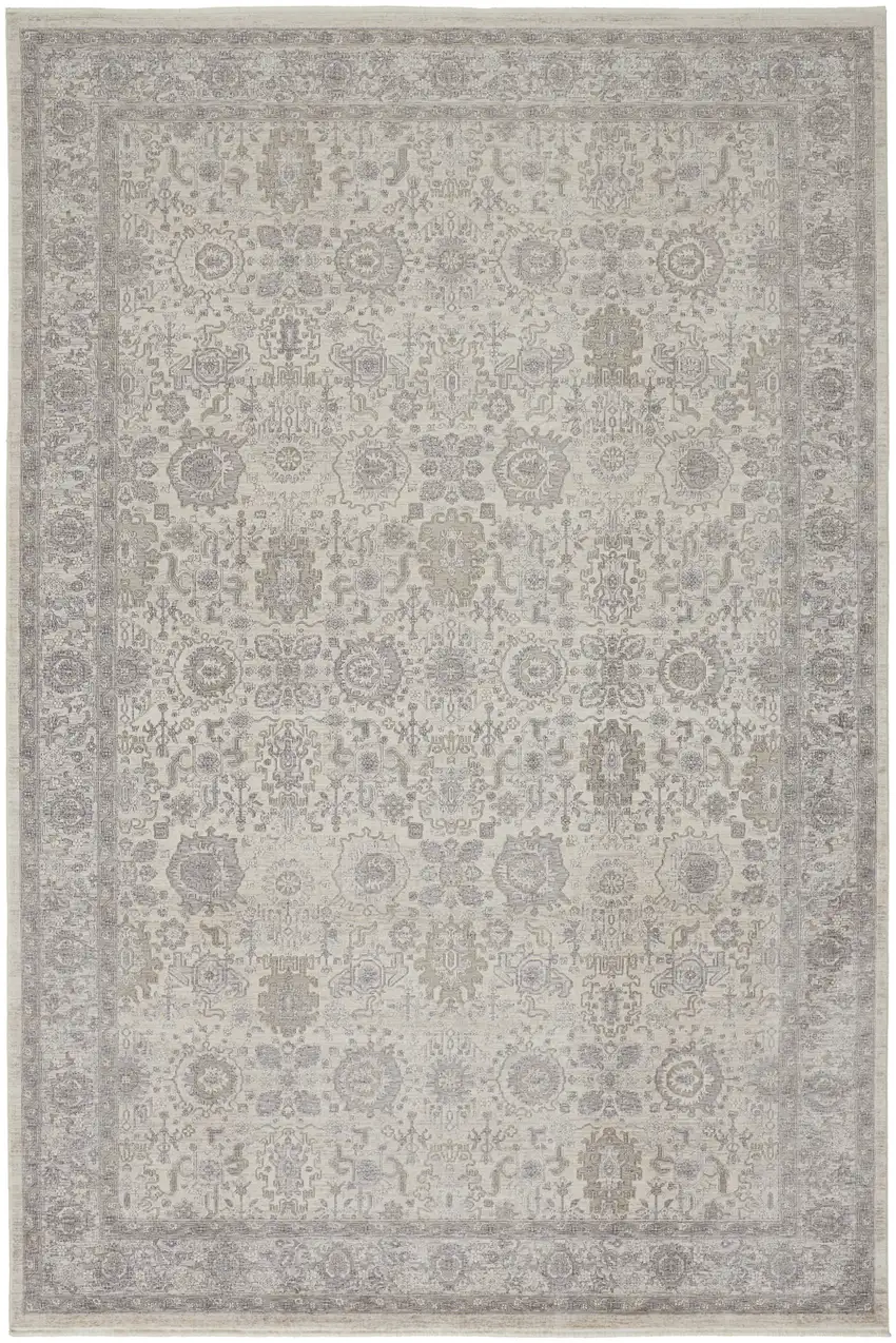 Gray and Ivory Oriental Power Loom Worn Faded Area Rug With Fringe Photo 6