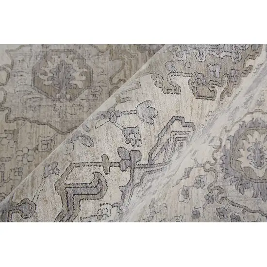 Gray and Ivory Oriental Power Loom Worn Faded Area Rug With Fringe Photo 7