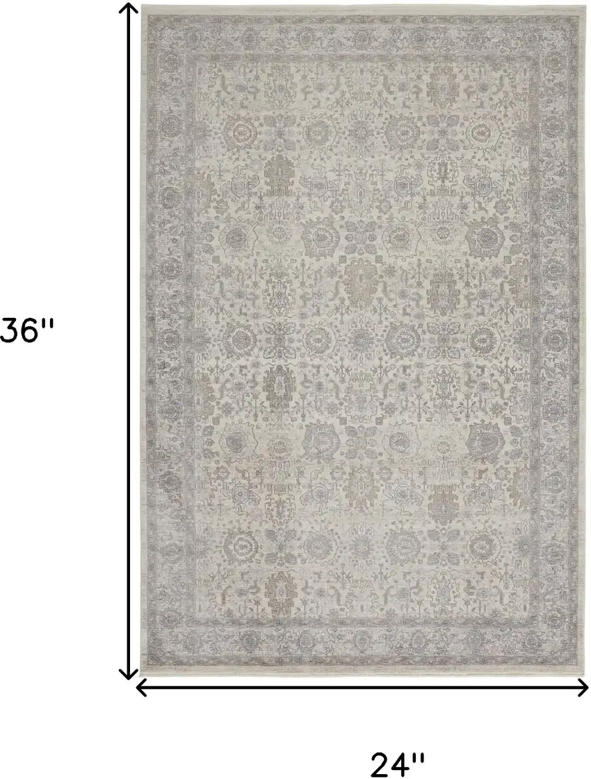 Gray and Ivory Oriental Power Loom Worn Faded Area Rug With Fringe Photo 3