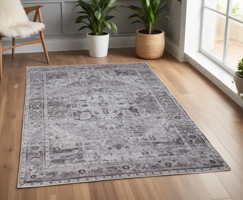 Gray and Ivory Oriental Power Loom Worn Faded Washable Area Rug Photo 1