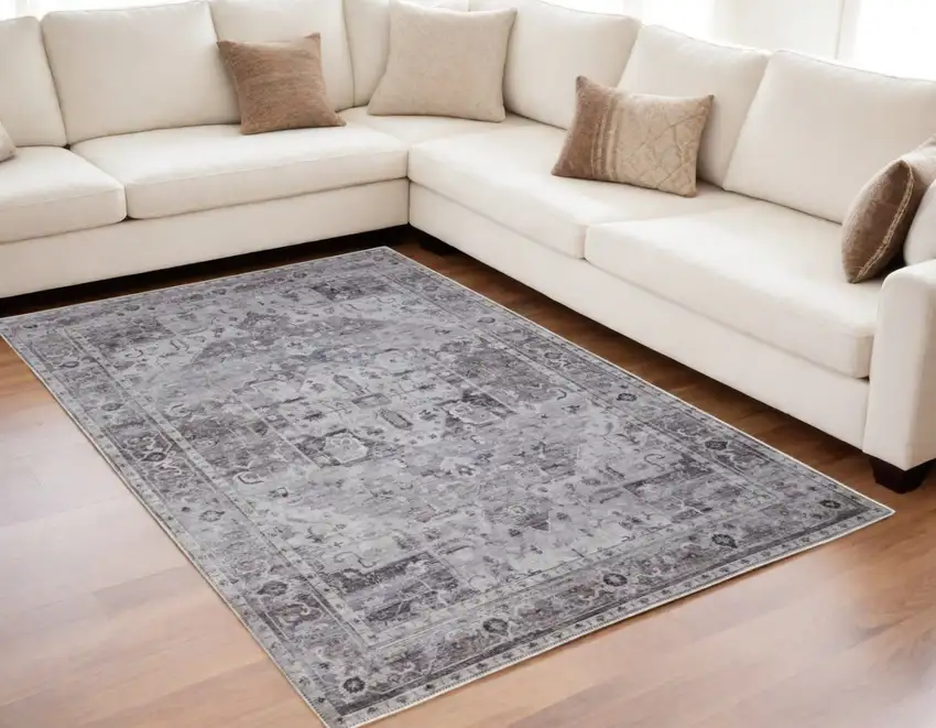 Gray and Ivory Oriental Power Loom Worn Faded Washable Area Rug Photo 1