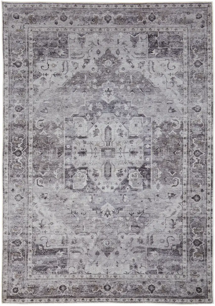 Gray and Ivory Oriental Power Loom Worn Faded Washable Area Rug Photo 2