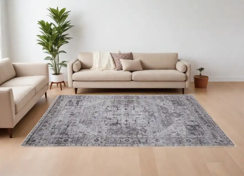 Gray and Ivory Oriental Power Loom Worn Faded Washable Area Rug Photo 1