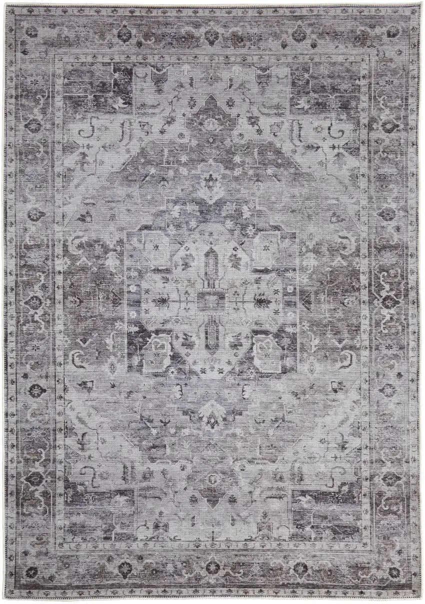 Gray and Ivory Oriental Power Loom Worn Faded Washable Area Rug Photo 6
