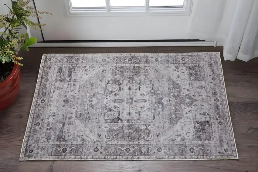 Gray and Ivory Oriental Power Loom Worn Faded Washable Area Rug Photo 1