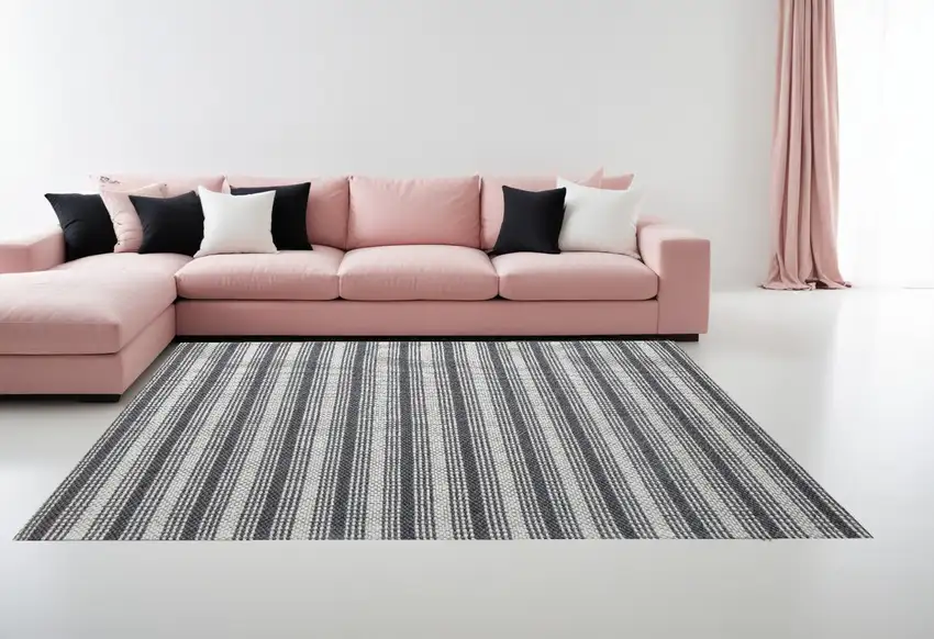 Gray and Ivory Striped Hand Woven Non Skid Area Rug Photo 1