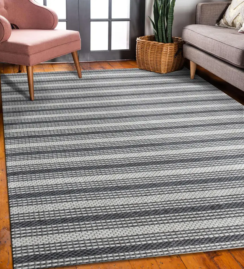 Gray and Ivory Striped Hand Woven Non Skid Area Rug Photo 6