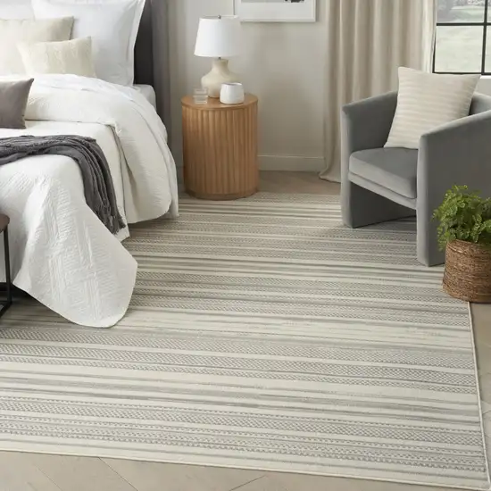 Gray and Ivory Striped Power Loom Area Rug Photo 5