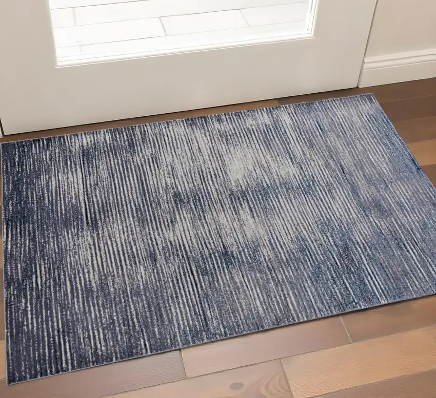 Blue Ivory And Gray Striped Distressed Area Rug Photo 1