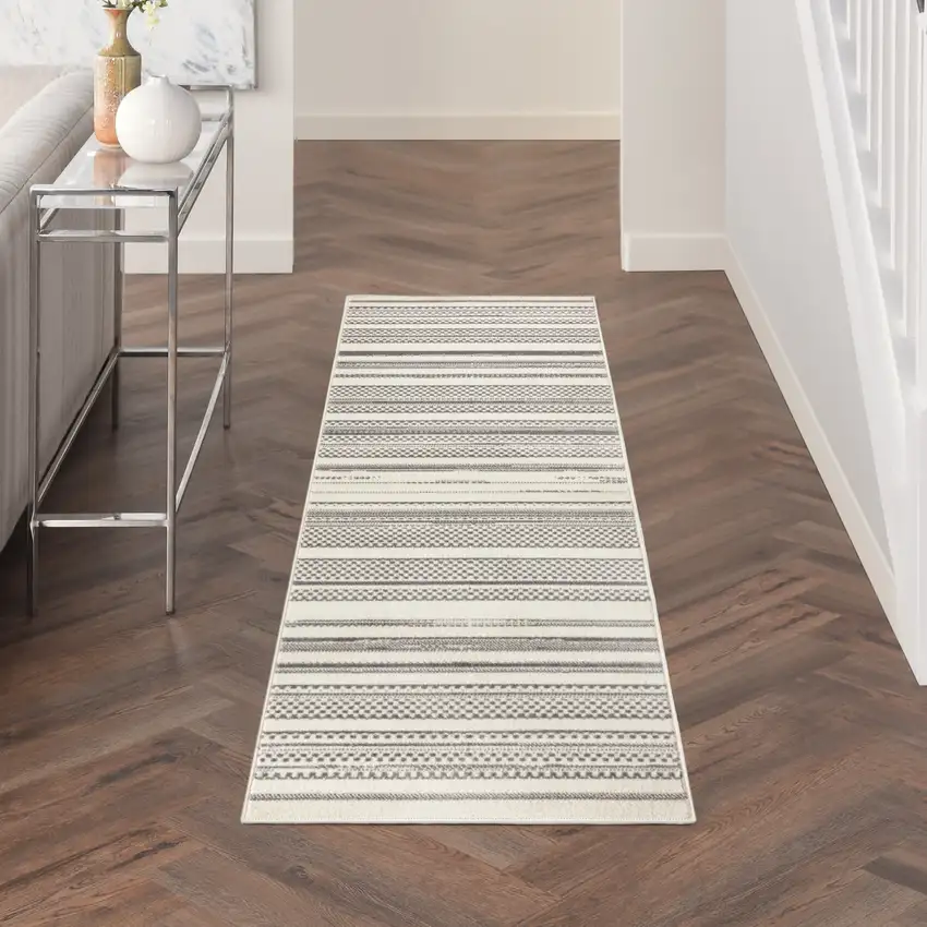 Gray and Ivory Striped Power Loom Distressed Runner Rug Photo 5
