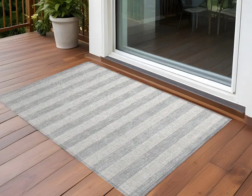 Gray and Ivory Striped Washable Non Skid Indoor Outdoor Area Rug Photo 1