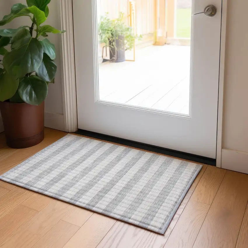Gray and Ivory Striped Washable Non Skid Indoor Outdoor Area Rug Photo 9