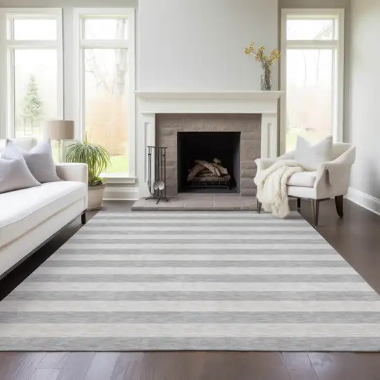 Gray and Ivory Striped Washable Non Skid Indoor Outdoor Area Rug Photo 9