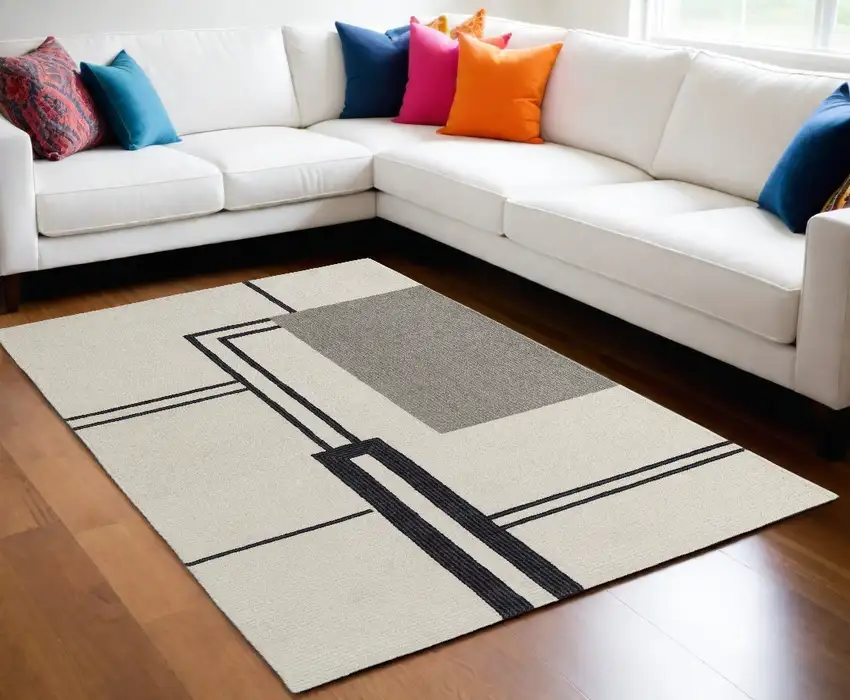 Gray and Ivory Wool Abstract Geometric Hand Tufted Area Rug Photo 1