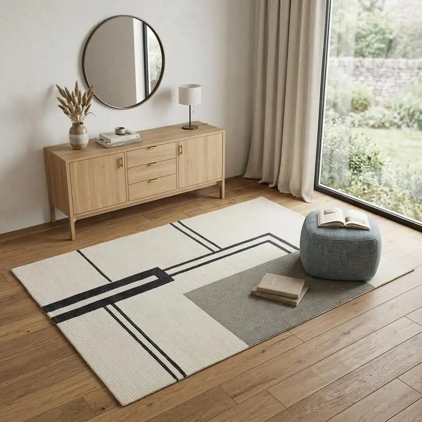Gray and Ivory Wool Abstract Geometric Hand Tufted Area Rug Photo 1