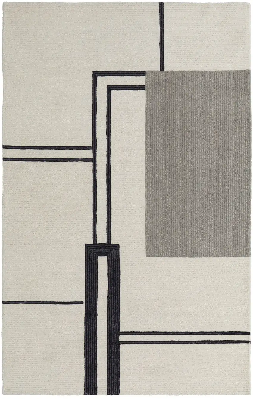 Gray and Ivory Wool Abstract Geometric Hand Tufted Area Rug Photo 2