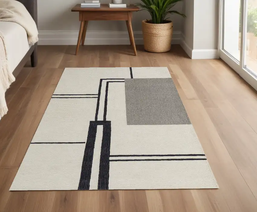 Gray and Ivory Wool Abstract Geometric Hand Tufted Area Rug Photo 1