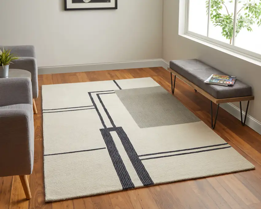 Gray and Ivory Wool Abstract Geometric Hand Tufted Area Rug Photo 9