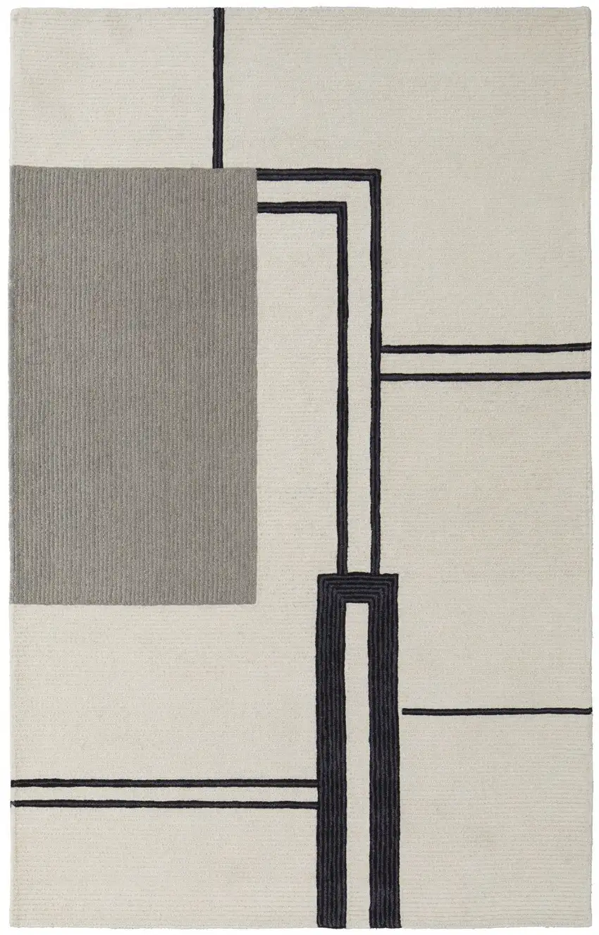 Gray and Ivory Wool Abstract Geometric Hand Tufted Area Rug Photo 4