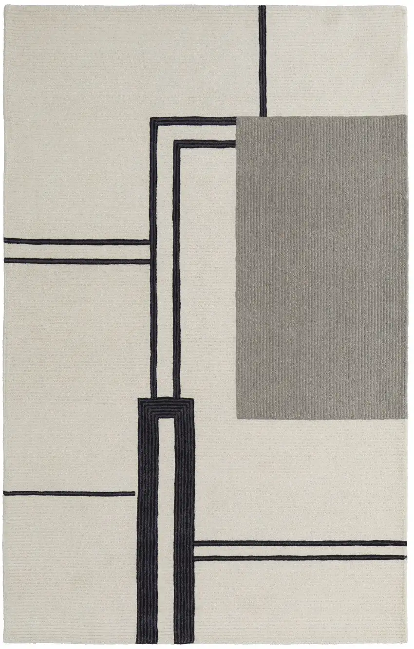 Gray and Ivory Wool Abstract Geometric Hand Tufted Area Rug Photo 2