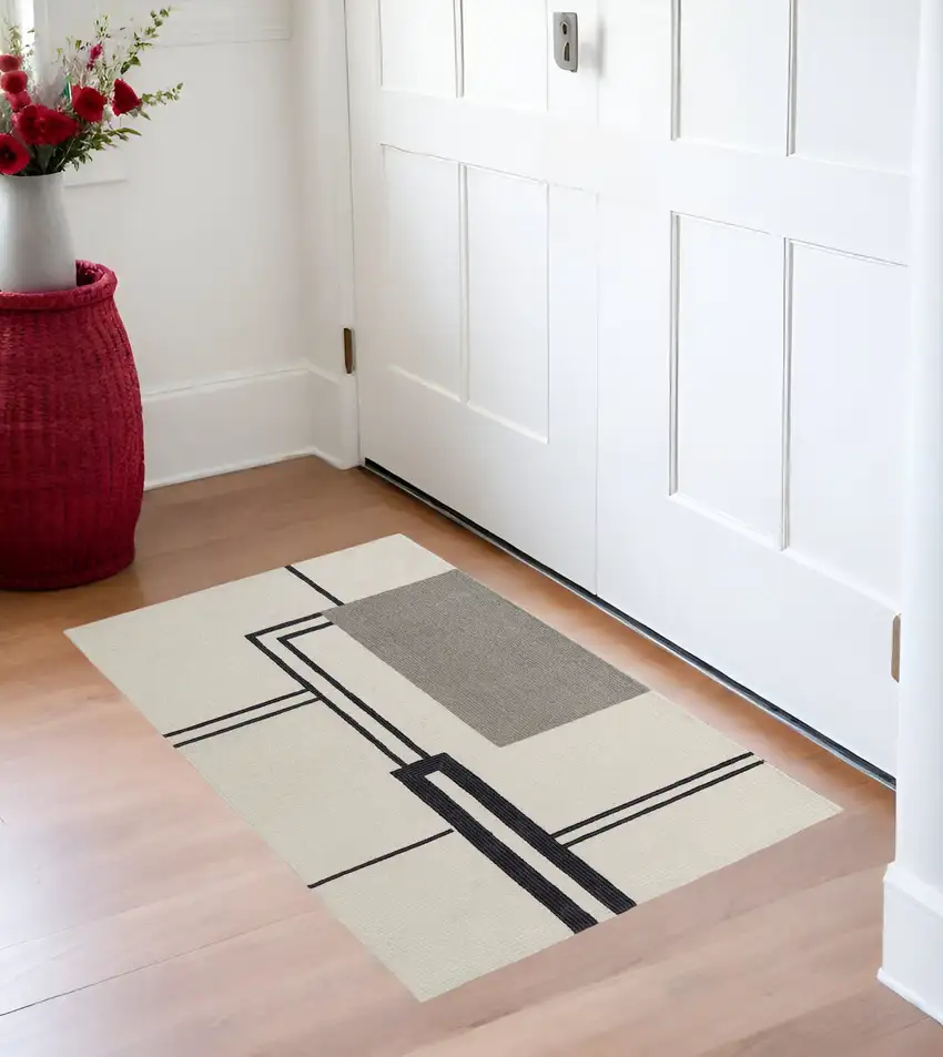 Gray and Ivory Wool Abstract Geometric Hand Tufted Area Rug Photo 1