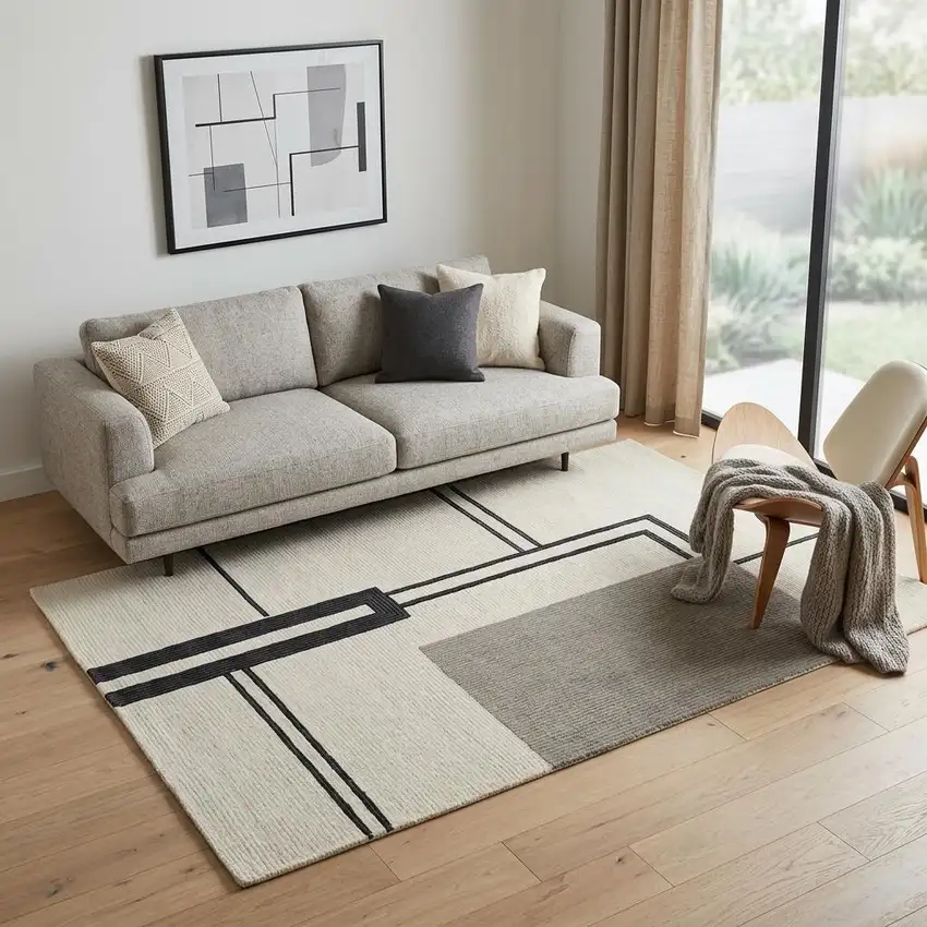 Gray and Ivory Wool Abstract Geometric Hand Tufted Area Rug Photo 1