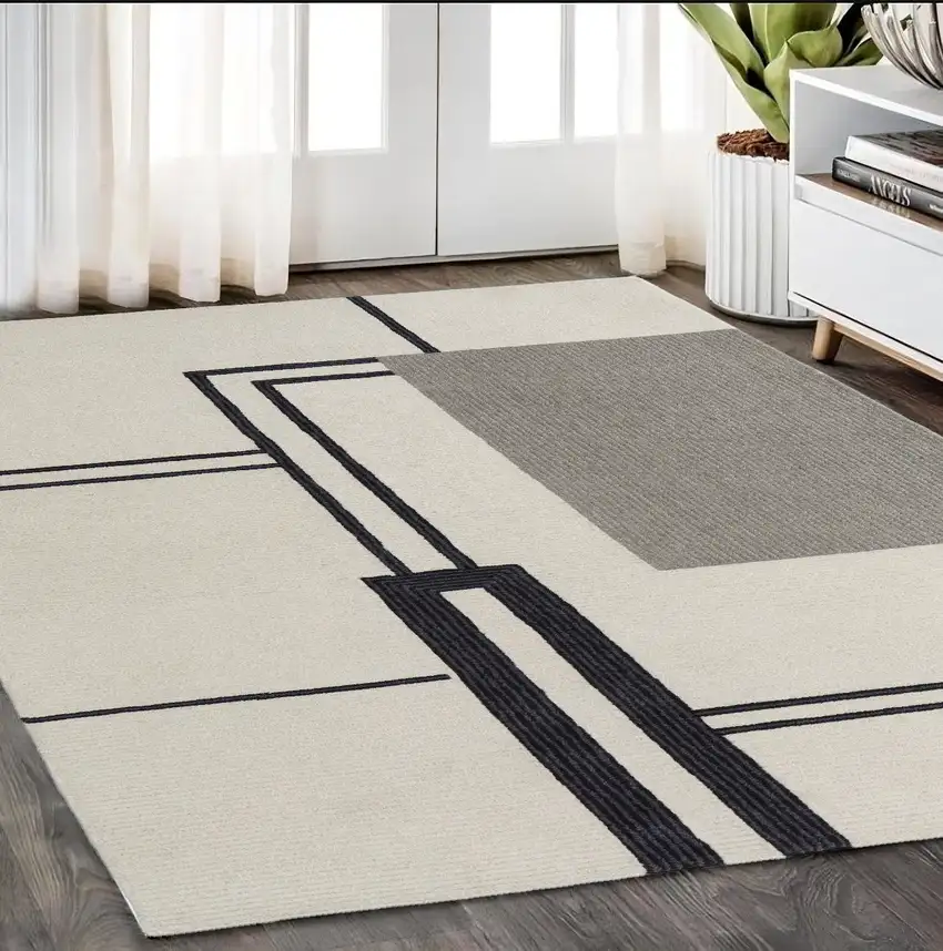 Gray and Ivory Wool Abstract Geometric Hand Tufted Area Rug Photo 2
