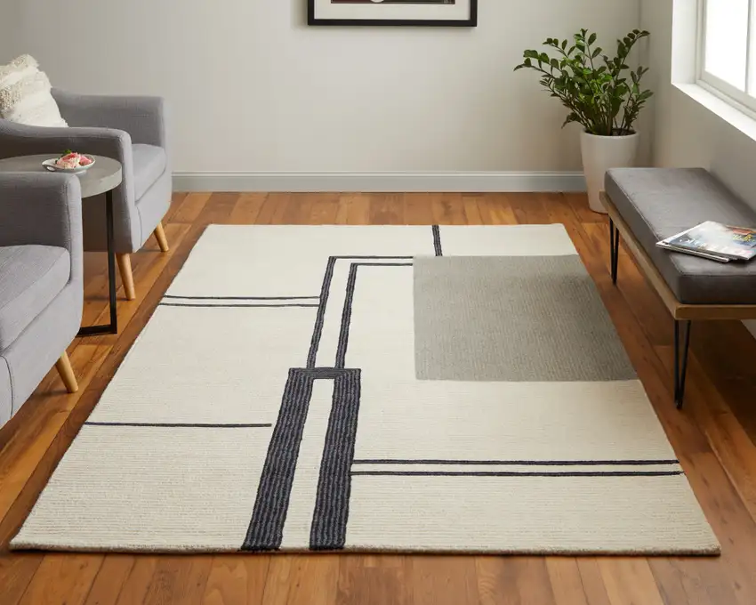 Gray and Ivory Wool Abstract Geometric Hand Tufted Area Rug Photo 9