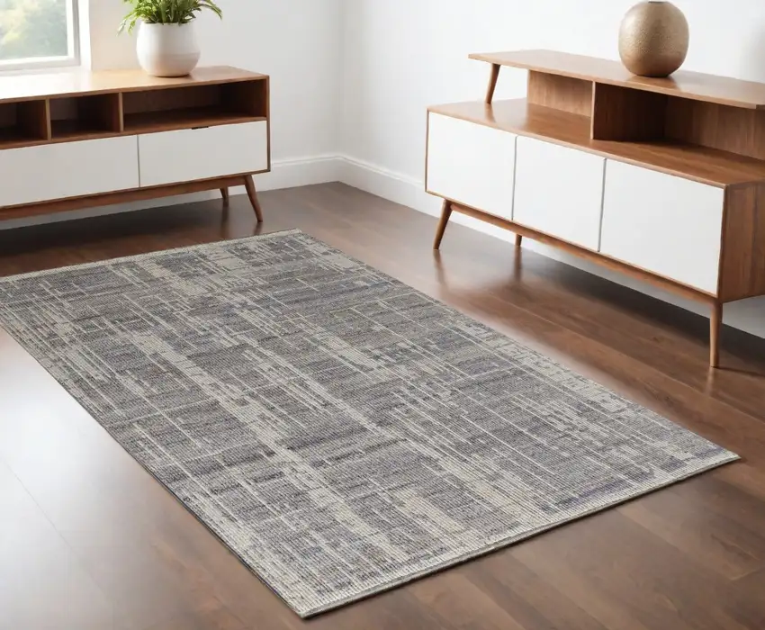 Gray and Ivory Wool Abstract Hand Knotted Worn Faded Area Rug Photo 1