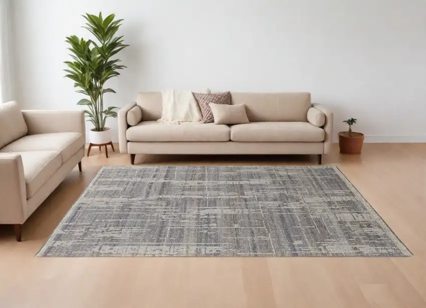Gray and Ivory Wool Abstract Hand Knotted Worn Faded Area Rug Photo 1
