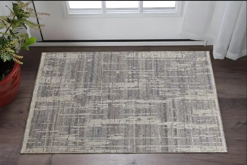 Gray and Ivory Wool Abstract Hand Knotted Worn Faded Area Rug Photo 1