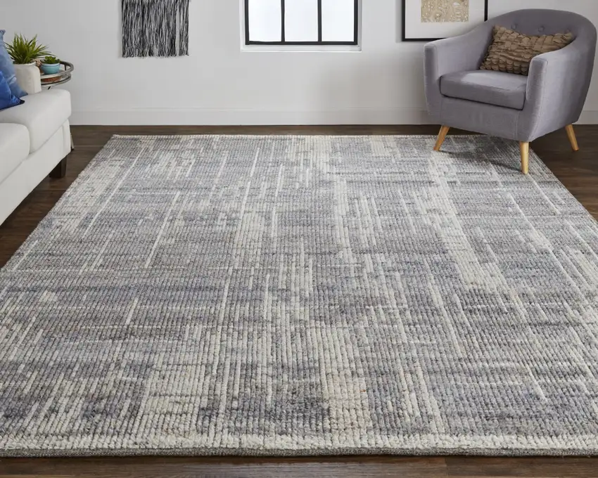 Gray and Ivory Wool Abstract Hand Knotted Worn Faded Area Rug Photo 9