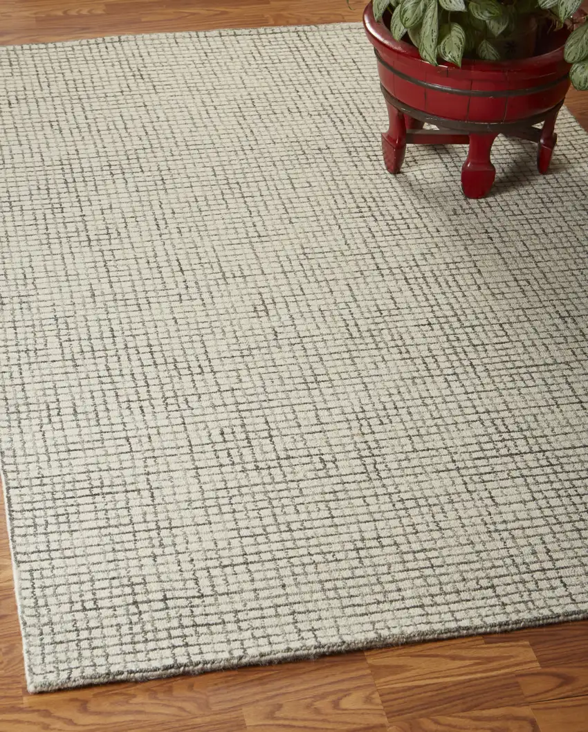 Gray and Ivory Wool Checkered Hand Hooked Runner Rug Photo 7