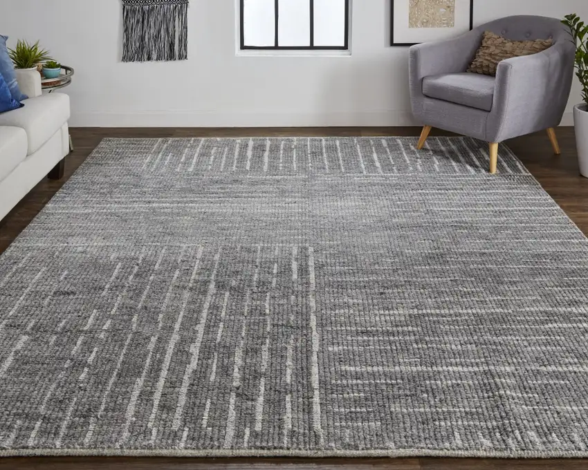 Gray and Ivory Wool Checkered Hand Knotted Worn Faded Area Rug Photo 9