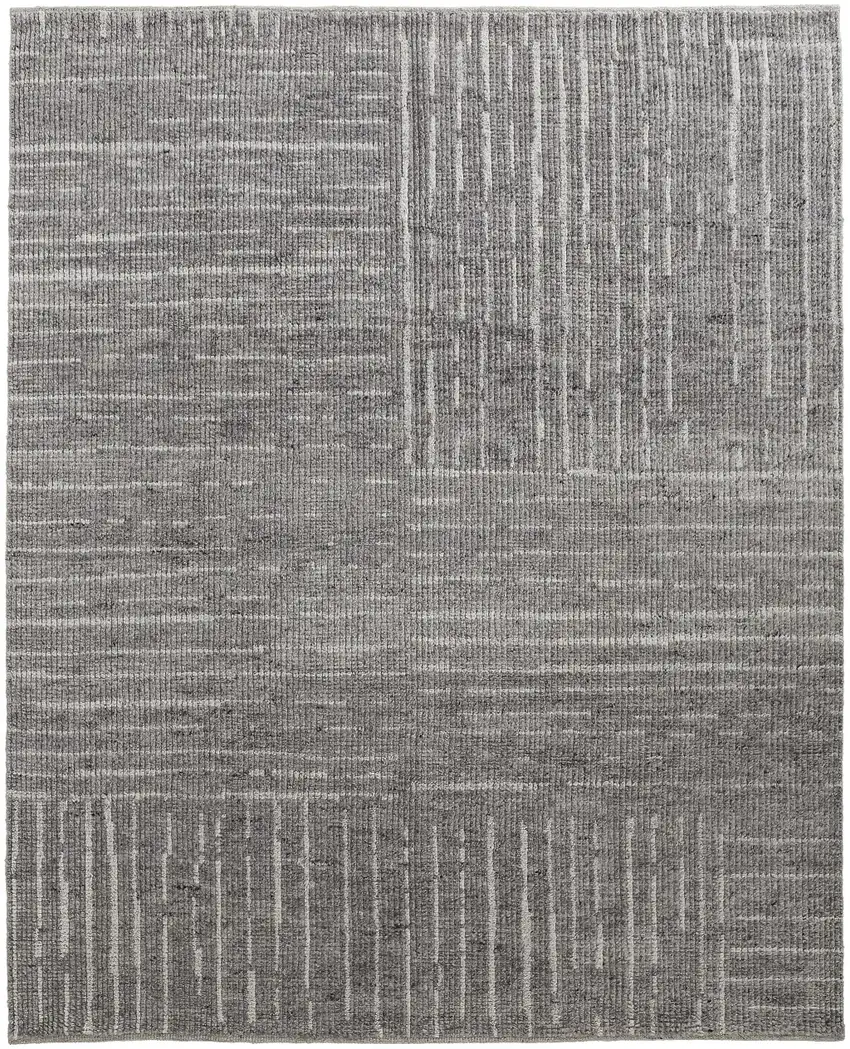 Gray and Ivory Wool Checkered Hand Knotted Worn Faded Area Rug Photo 1