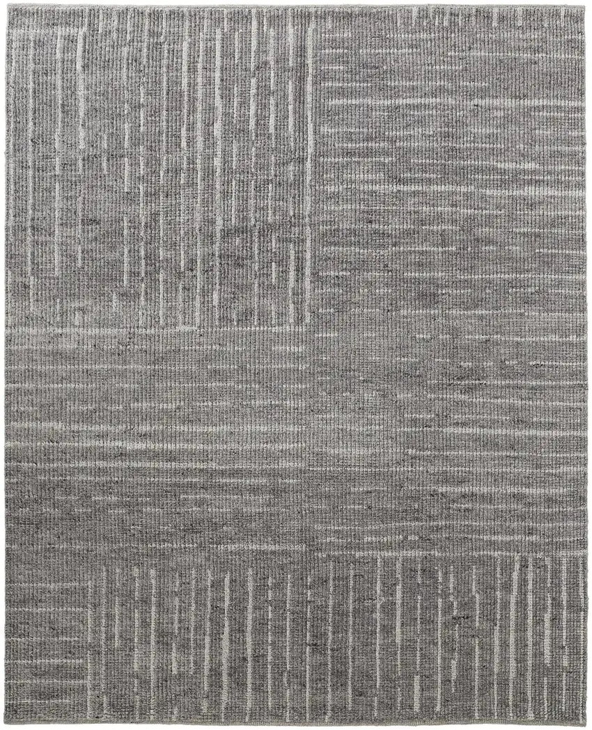 Gray and Ivory Wool Checkered Hand Knotted Worn Faded Area Rug Photo 5