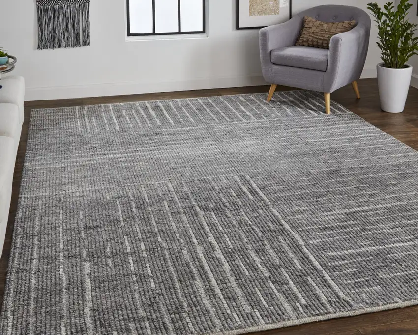 Gray and Ivory Wool Checkered Hand Knotted Worn Faded Area Rug Photo 9