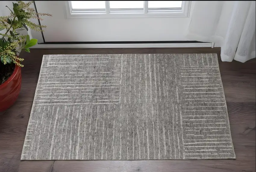 Gray and Ivory Wool Checkered Hand Knotted Worn Faded Area Rug Photo 1