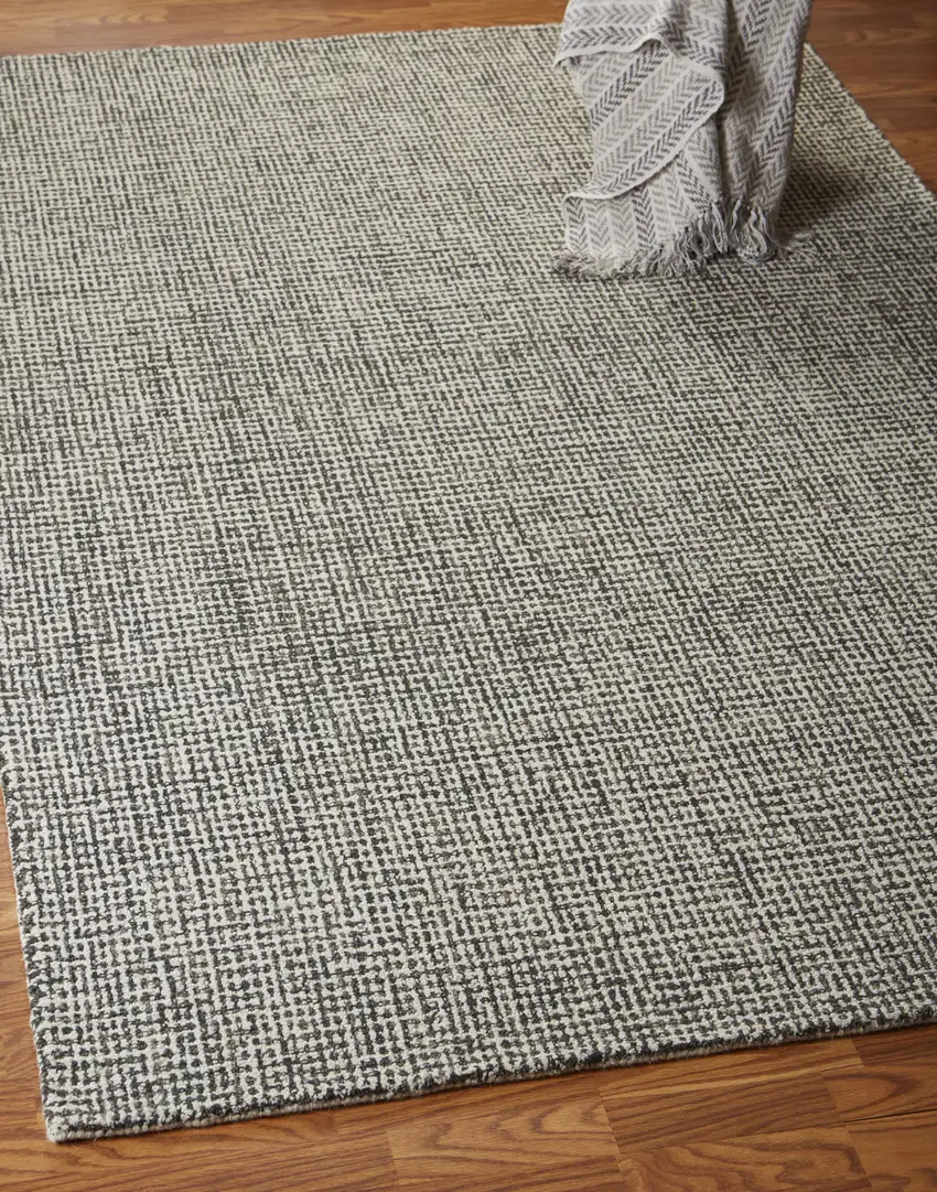 Gray and Ivory Wool Checkered Hand Tufted Runner Rug Photo 9