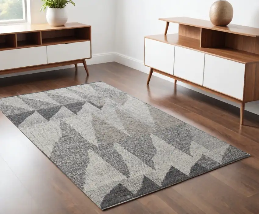 Gray and Ivory Wool Geometric Hand Knotted Area Rug Photo 2