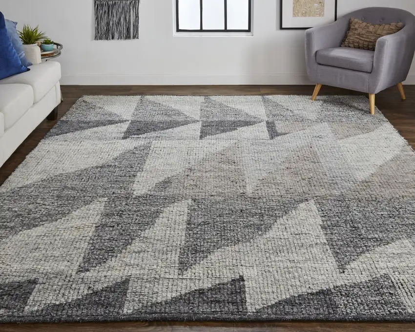 Gray and Ivory Wool Geometric Hand Knotted Area Rug Photo 8
