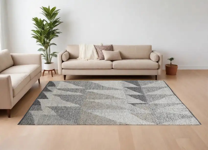 Gray and Ivory Wool Geometric Hand Knotted Area Rug Photo 2