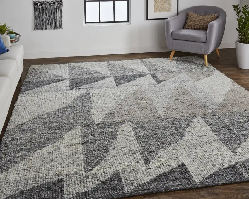 Gray and Ivory Wool Geometric Hand Knotted Area Rug Photo 8