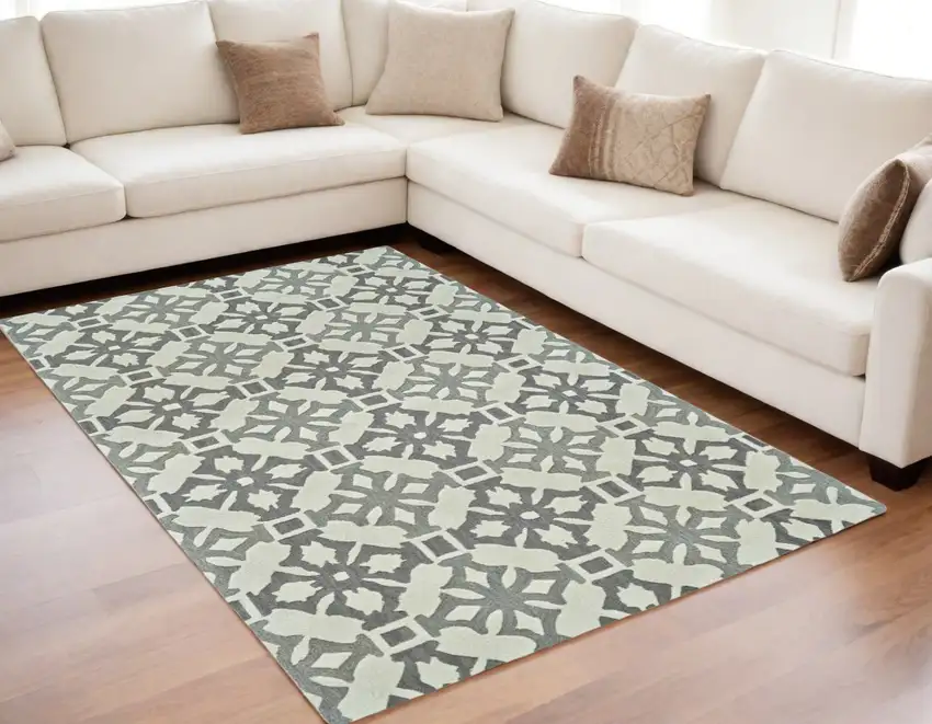 Gray and Ivory Wool Geometric Hand Tufted Area Rug Photo 2