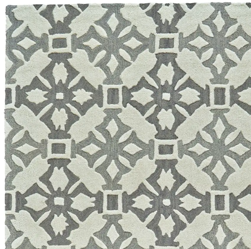 Gray and Ivory Wool Geometric Hand Tufted Area Rug Photo 5