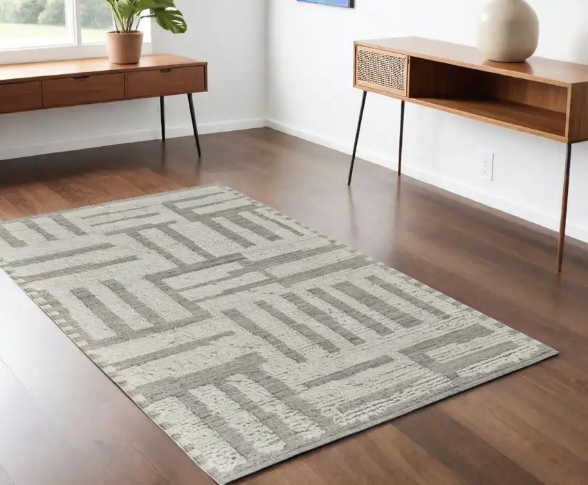 Gray and Ivory Wool Geometric Hand Woven Area Rug Photo 1
